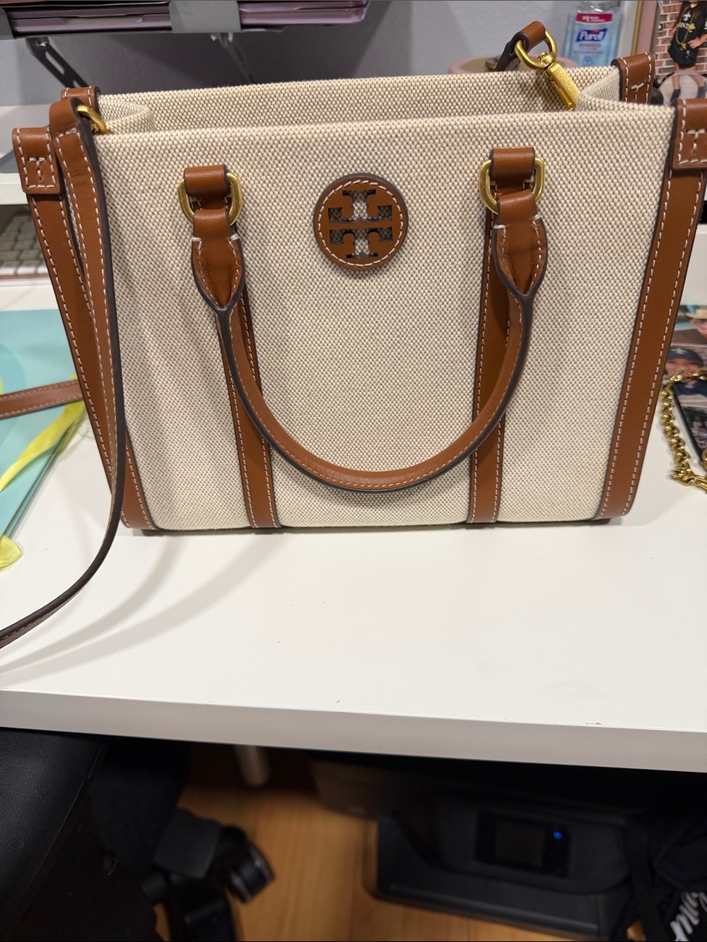 Tory Burch Cream Canvas Satchel with Tan Leather Trim